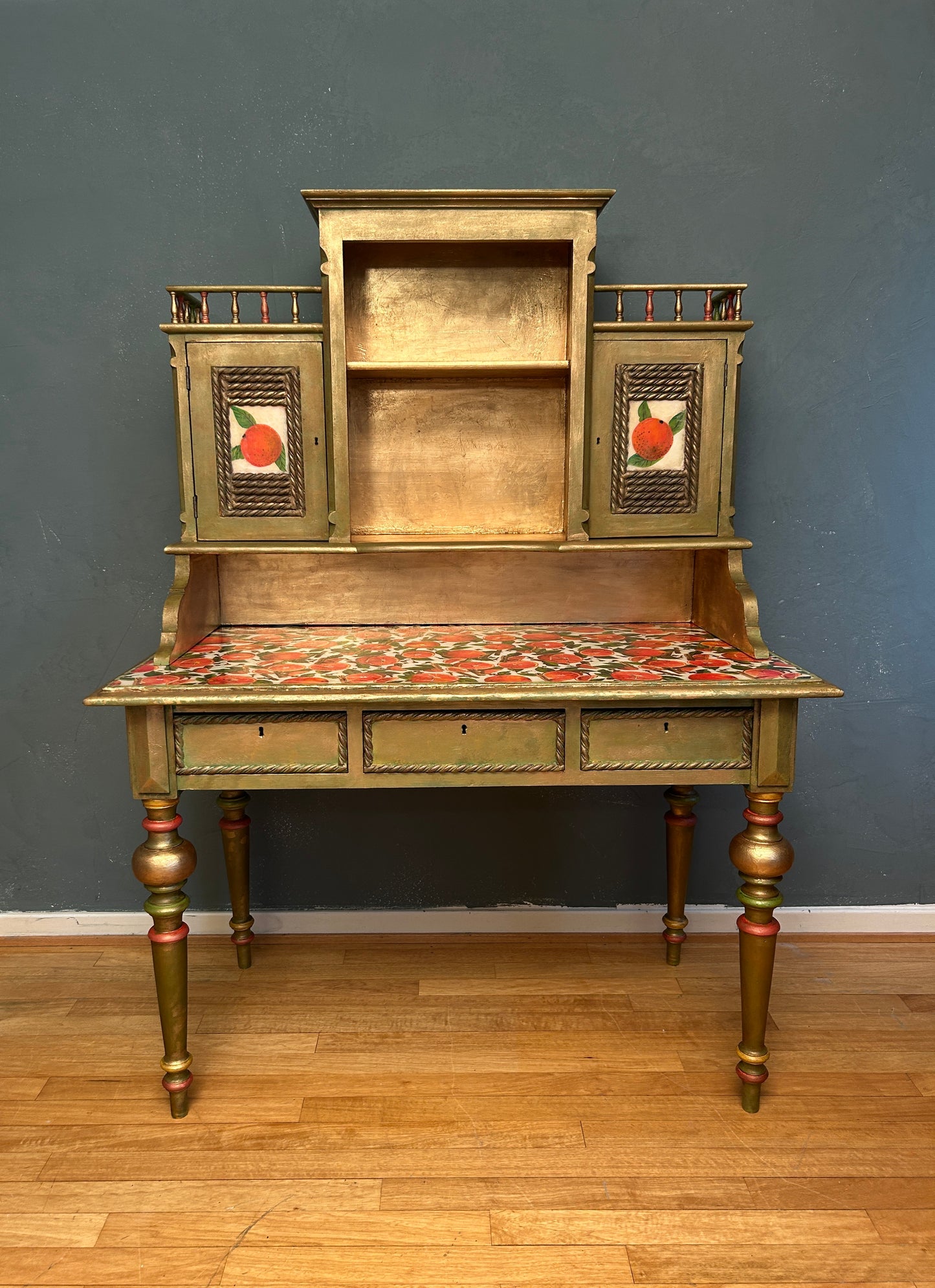 Antique Desk | Re-Designed | Secretary Table | Writing Furniture | Green&Gold Finish | Velvet Interior | Handmade | KiyanStudio