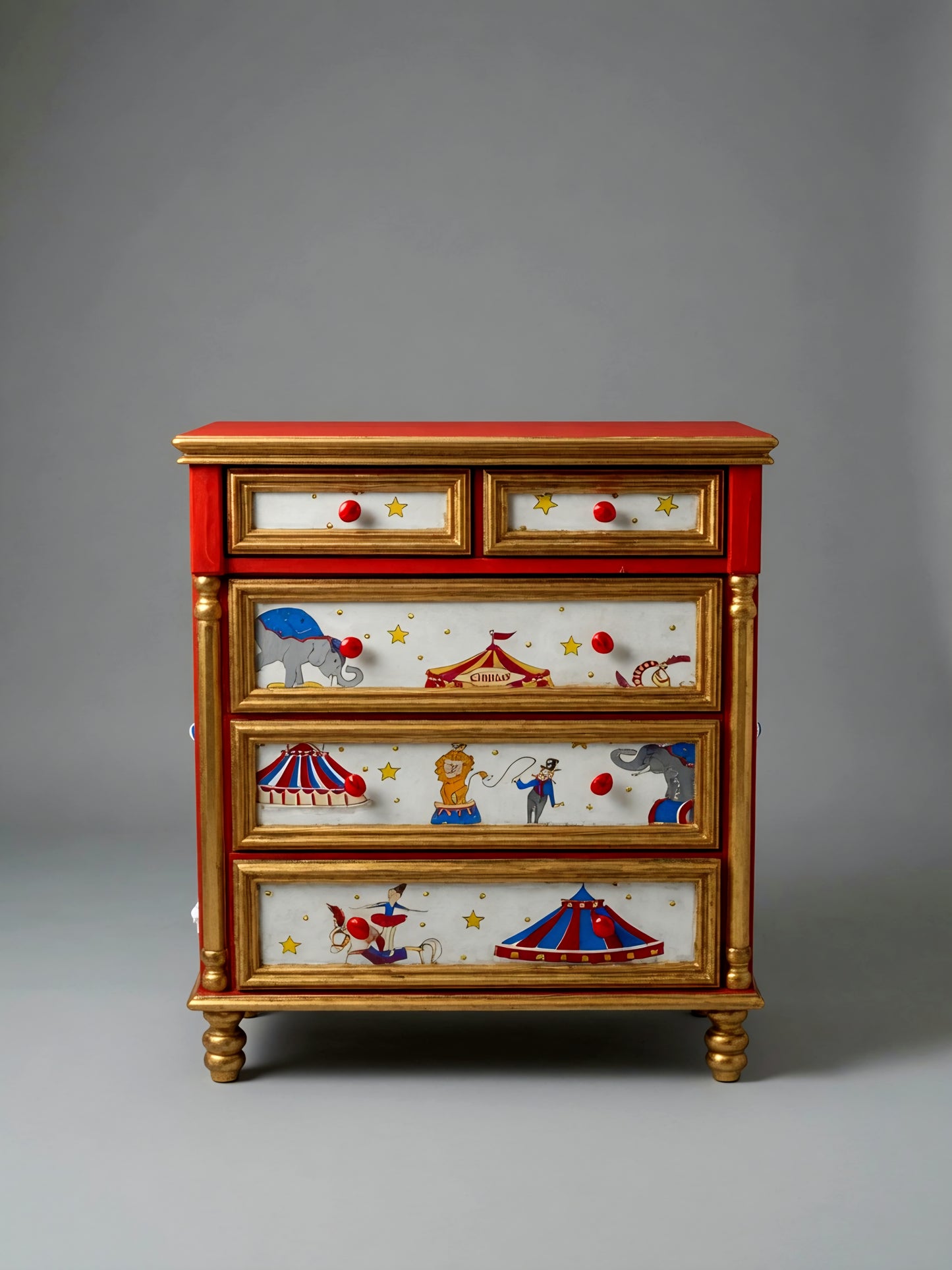 Vintage Circus Dresser | Hand-Painted Circus Theme Chest of Drawers | Red & Gold Circus Nursery or Bedroom Furniture