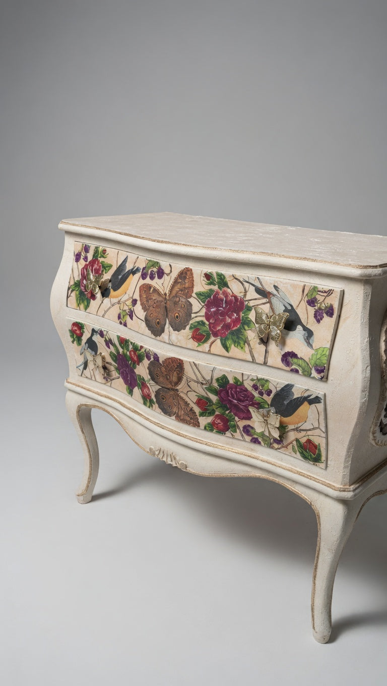 Antique French Bombe Chest | Heavy Walnut Interior | Napkin Decoupage Nightstand