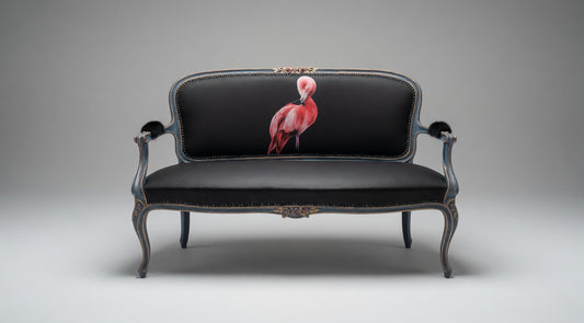 Antique Sofa | Re-Designed | Flamingo Set | Black Leather | Decoupage | Mink Armrests | Handmade