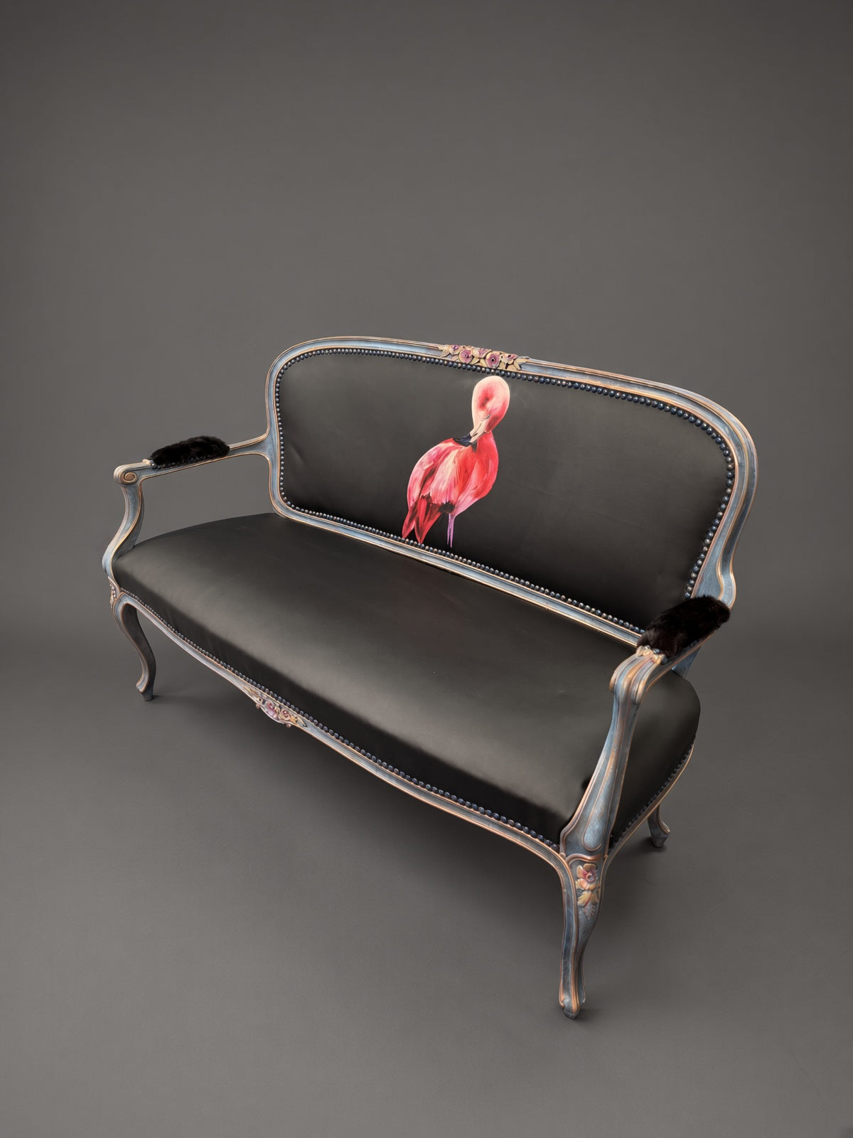 Antique Sofa | Re-Designed | Flamingo Set | Black Leather | Decoupage | Mink Armrests | Handmade