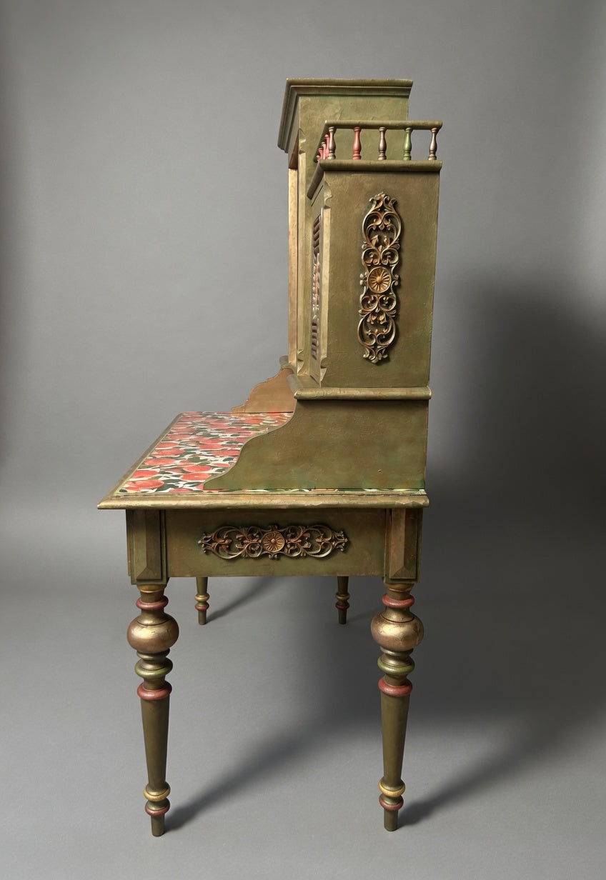 Antique Norwegian Secretary Desk | Restored Gold & Green Fruit Decoupage