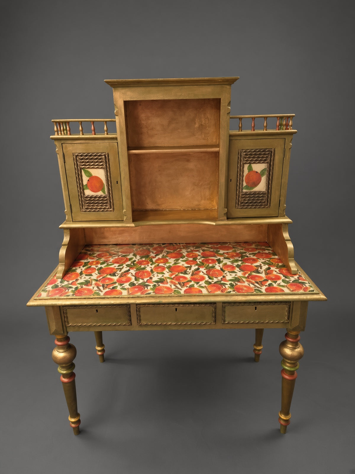 Antique Norwegian Secretary Desk | Restored Gold & Green Fruit Decoupage