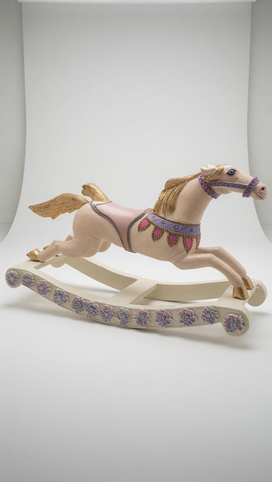 Hand-Painted Antique Rocking Horse – Pastel Nursery Decor, Heirloom Toy