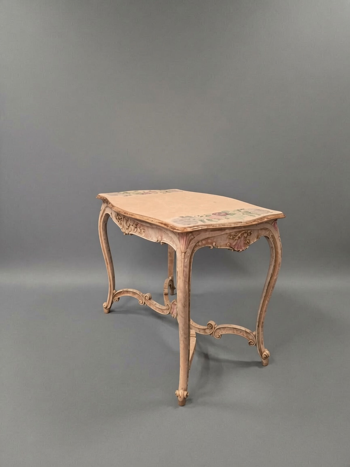 Vintage French Provincial Painted Table | Shabby Chic Floral Console Table | Ornate Rococo Vanity Desk with Hand-Painted Roses