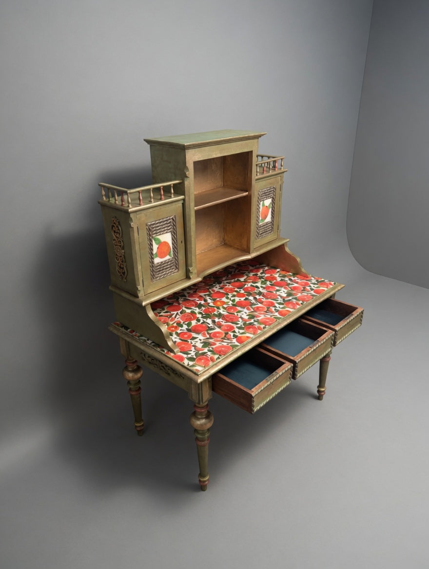 Antique Norwegian Secretary Desk | Restored Gold & Green Fruit Decoupage
