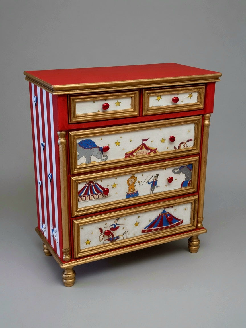 Vintage Circus Dresser | Hand-Painted Circus Theme Chest of Drawers | Red & Gold Circus Nursery or Bedroom Furniture