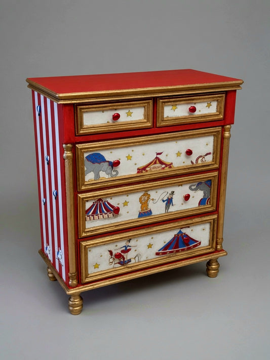 Vintage Circus Dresser | Hand-Painted Circus Theme Chest of Drawers | Red & Gold Circus Nursery or Bedroom Furniture