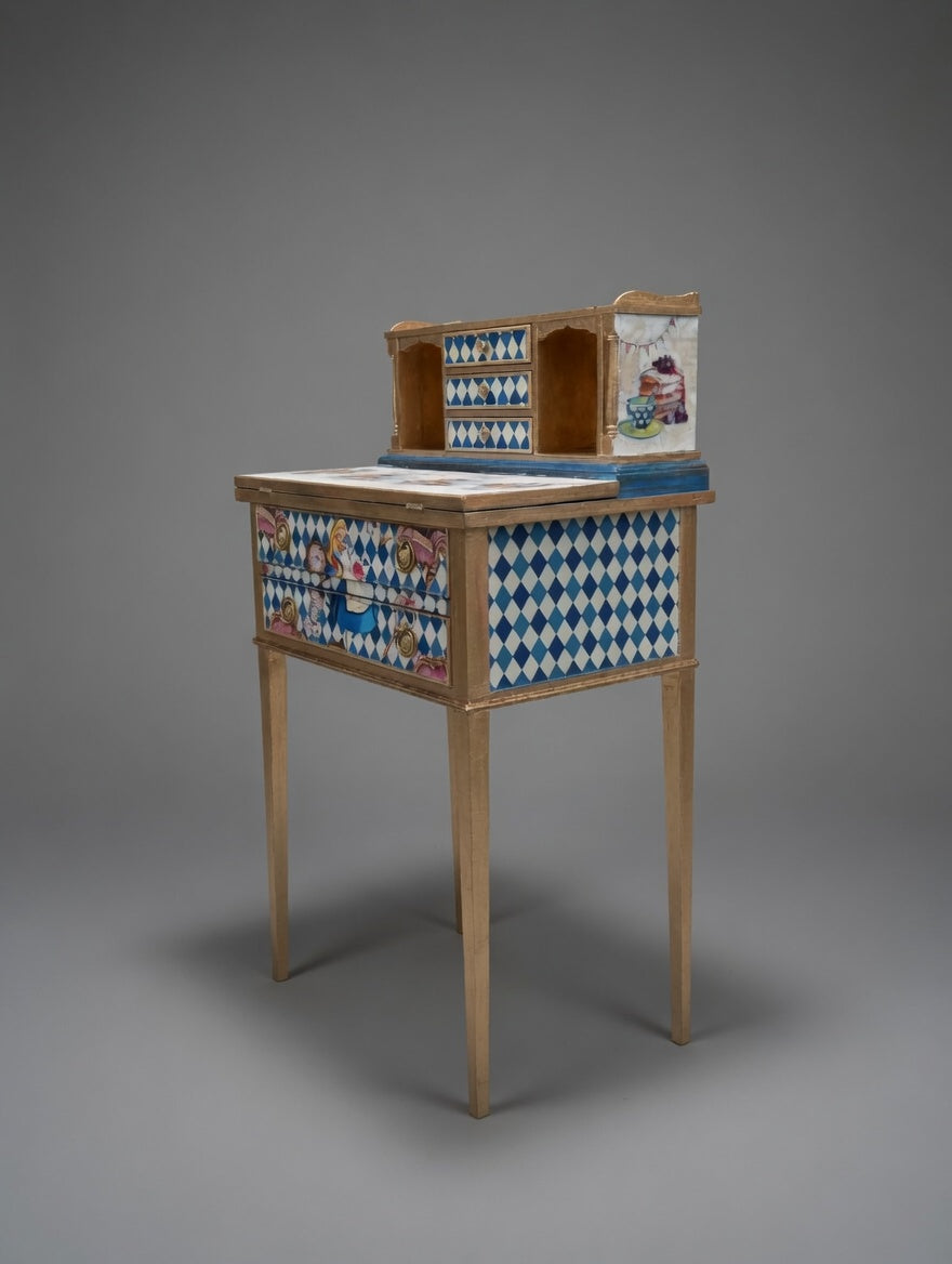 Antique Mini Desk | Re-Designed | Alice in Wonderland | Decoupage | Bright Design | Writing Table | Kids Room | Handmade