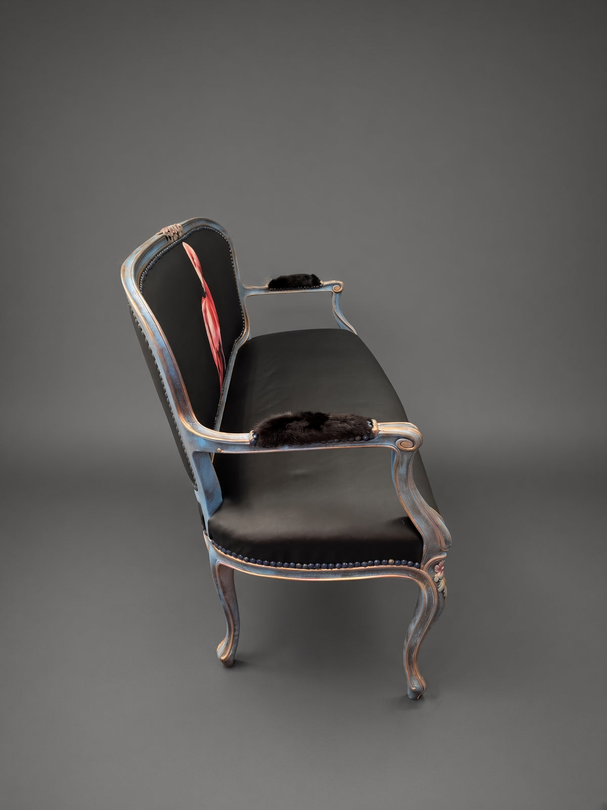Antique Sofa | Re-Designed | Flamingo Set | Black Leather | Decoupage | Mink Armrests | Handmade