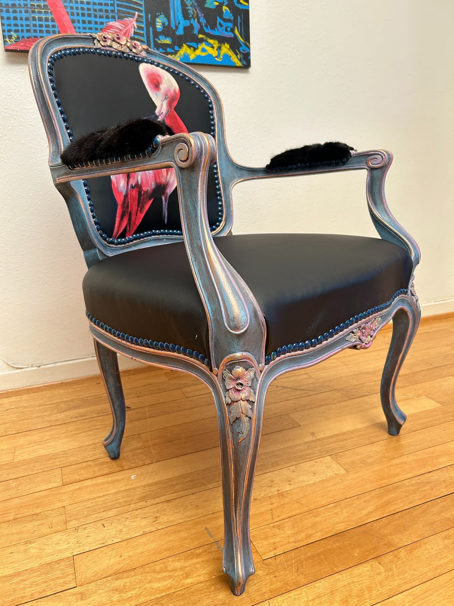 Antique Armchair | Re-Designed| Flamingo Set | Black Leather | Mink Armrests | Handmade | KiyanStudio