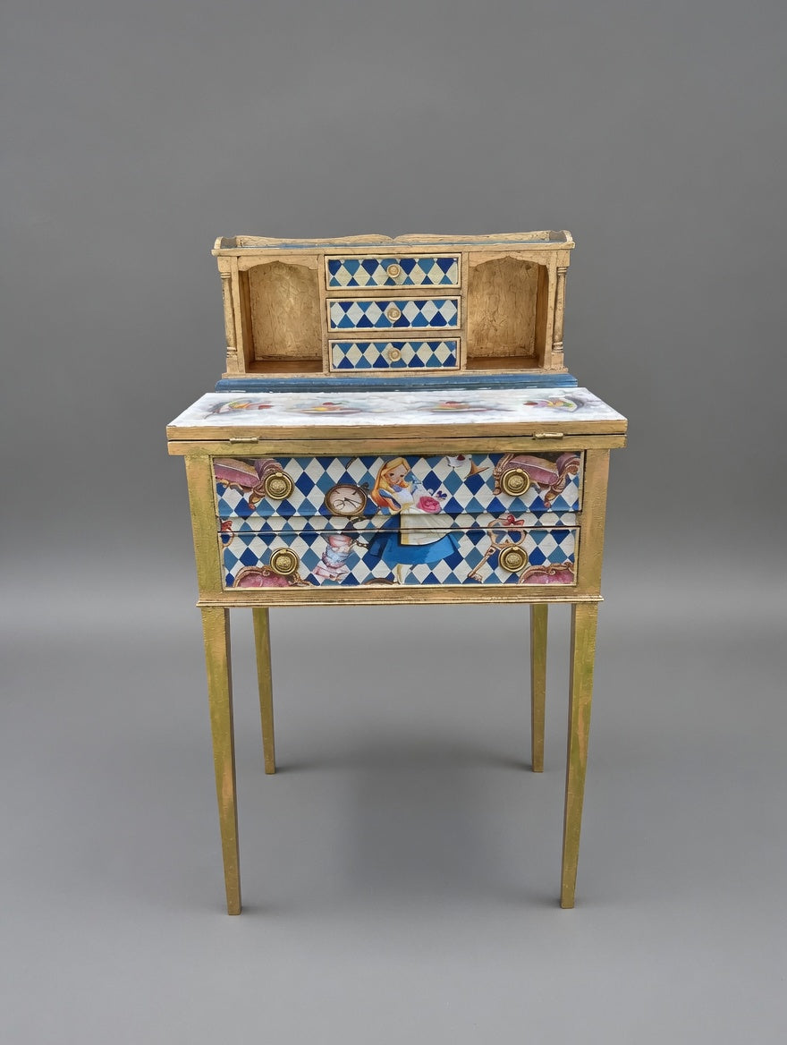 Antique Mini Desk | Re-Designed | Alice in Wonderland | Decoupage | Bright Design | Writing Table | Kids Room | Handmade