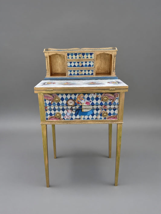 Antique Mini Desk | Re-Designed | Alice in Wonderland | Decoupage | Bright Design | Writing Table | Kids Room | Handmade