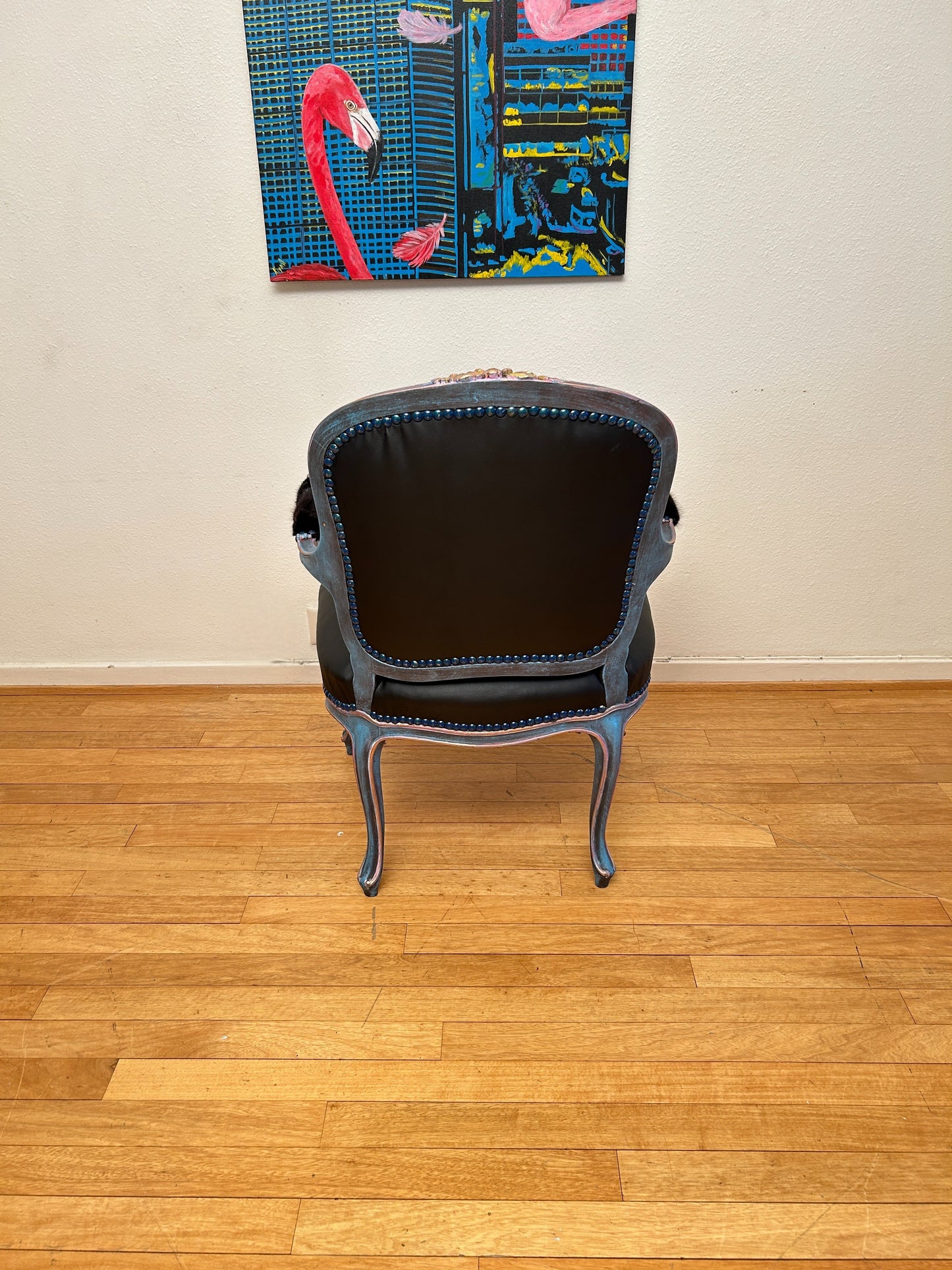 Antique Armchair | Re-Designed| Flamingo Set | Black Leather | Mink Armrests | Handmade | KiyanStudio