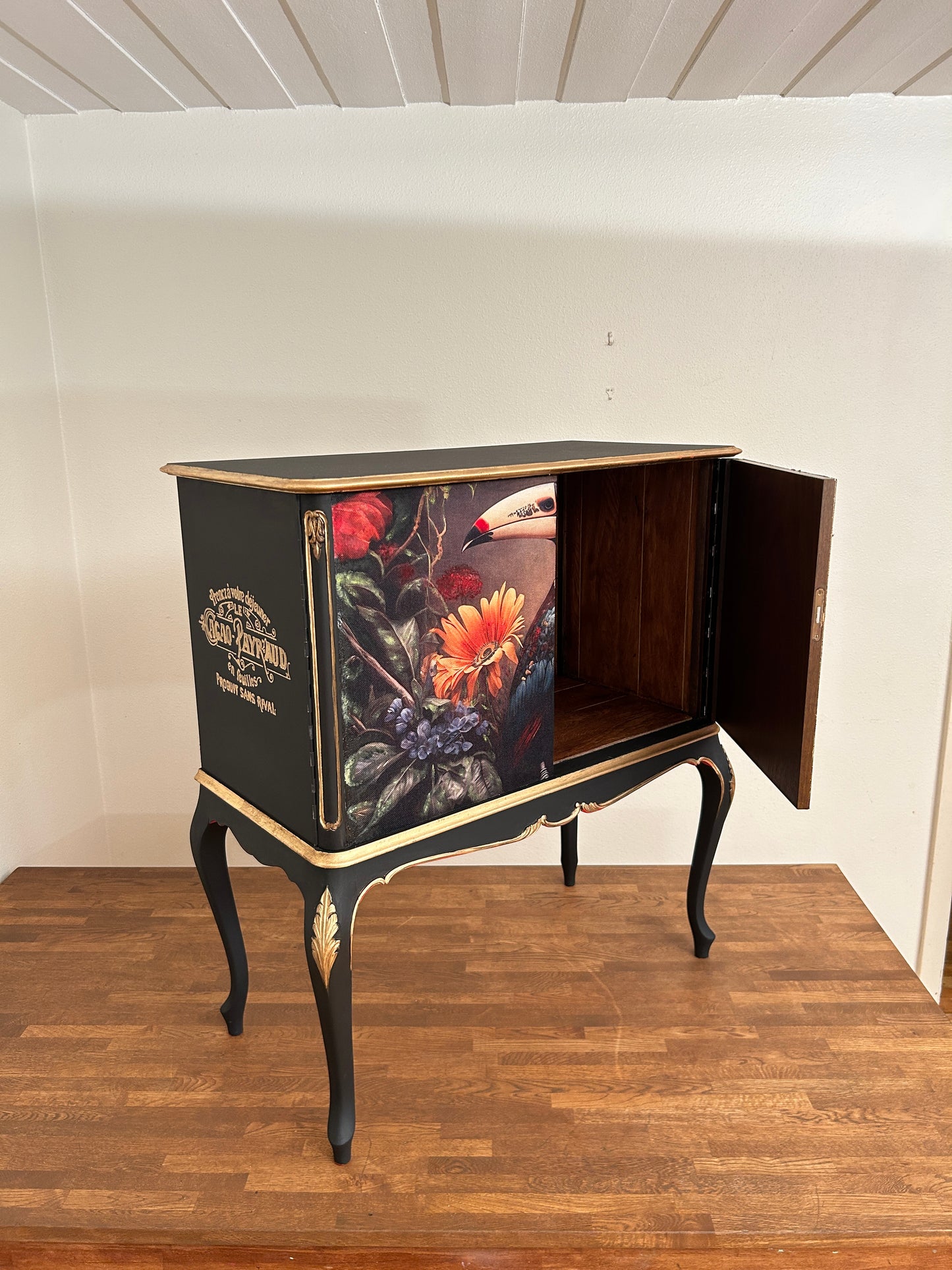 Handmade Toucan Tropical Cabinet | Decoupage Linen-Cotton, Black & Gold Baroque Accent