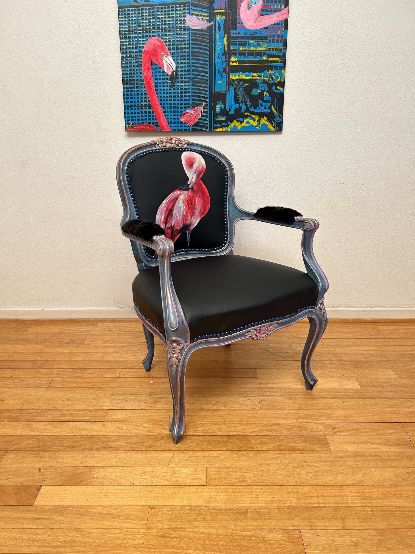 Antique Armchair | Re-Designed| Flamingo Set | Black Leather | Mink Armrests | Handmade | KiyanStudio