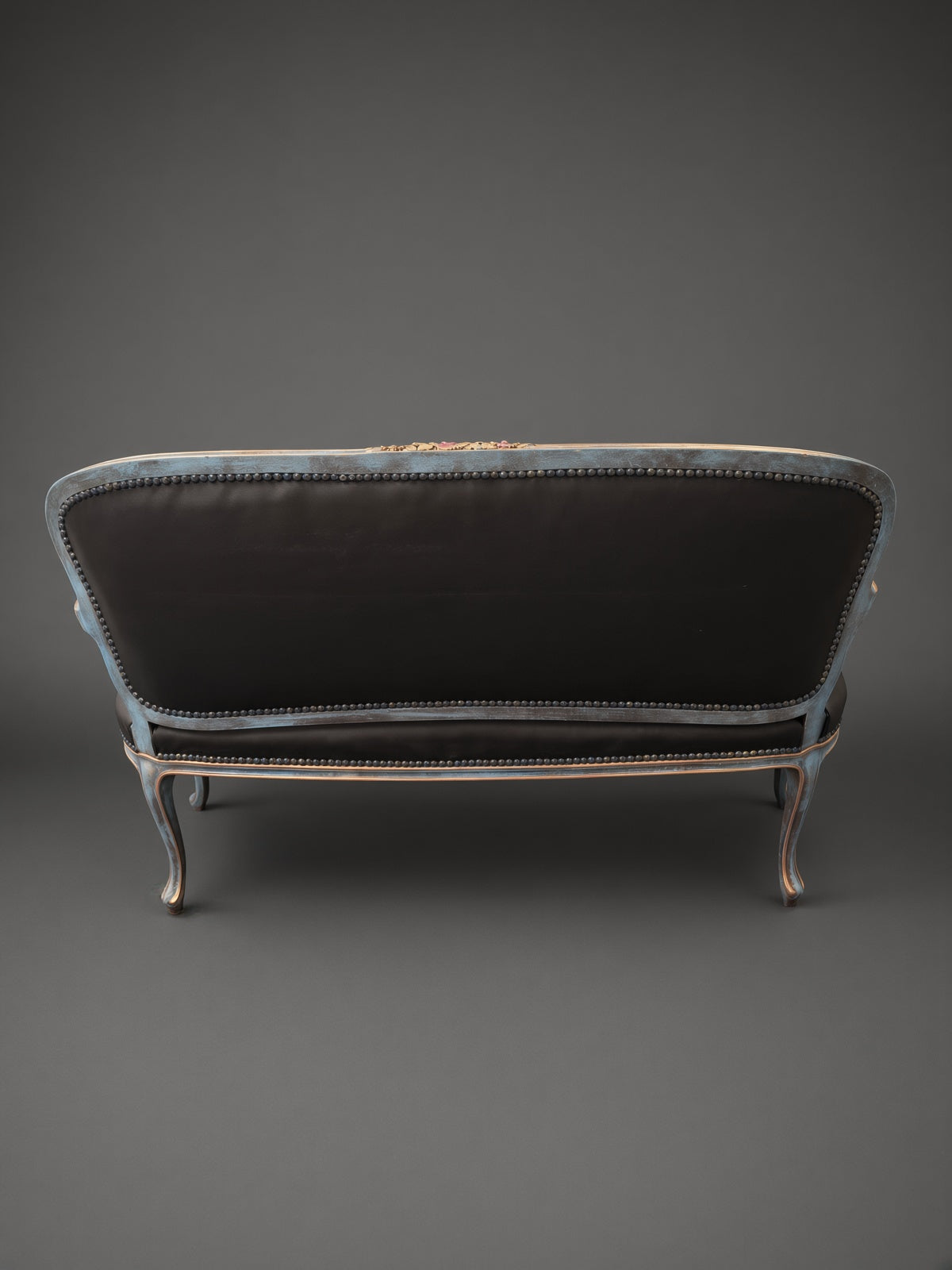 Antique Sofa | Re-Designed | Flamingo Set | Black Leather | Decoupage | Mink Armrests | Handmade