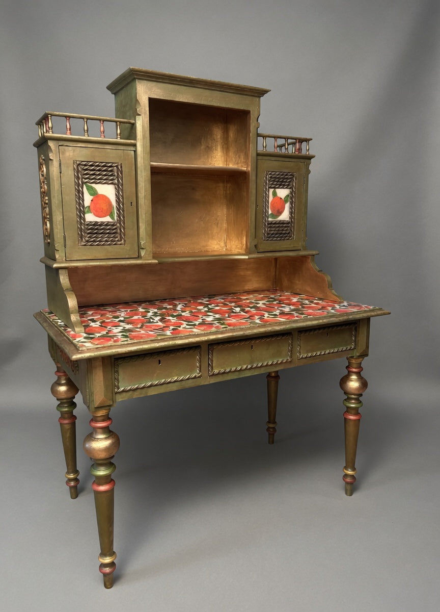Antique Norwegian Secretary Desk | Restored Gold & Green Fruit Decoupage