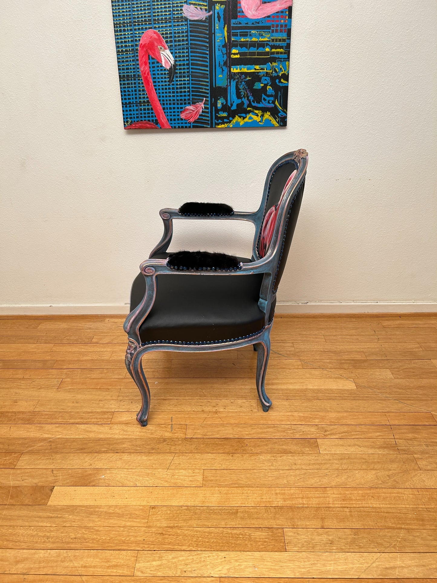 Antique Armchair | Re-Designed| Flamingo Set | Black Leather | Mink Armrests | Handmade | KiyanStudio