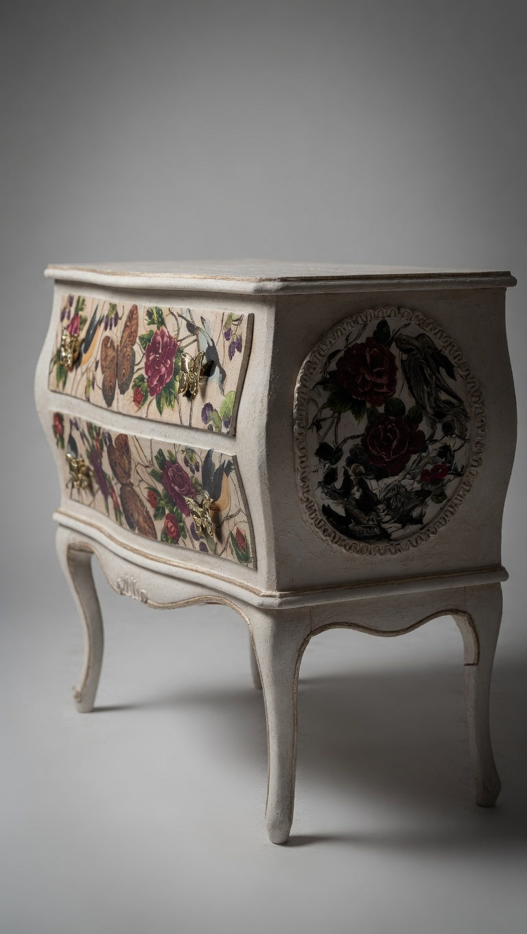 Antique French Bombe Chest | Heavy Walnut Interior | Napkin Decoupage Nightstand