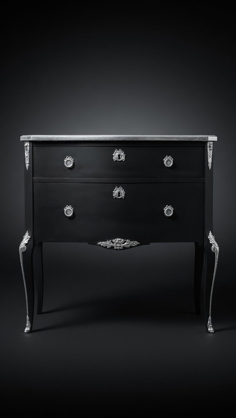 Hand-Painted Black Dresser – Silver Chandelier Motif, Rococo Chest of Drawers