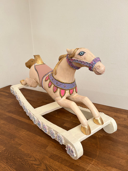 Hand-Painted Antique Rocking Horse – Pastel Nursery Decor, Heirloom Toy