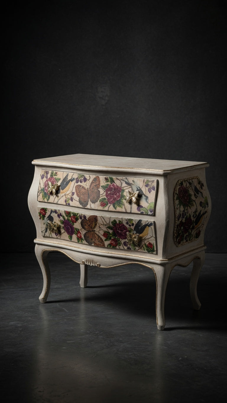 Antique French Bombe Chest | Heavy Walnut Interior | Napkin Decoupage Nightstand