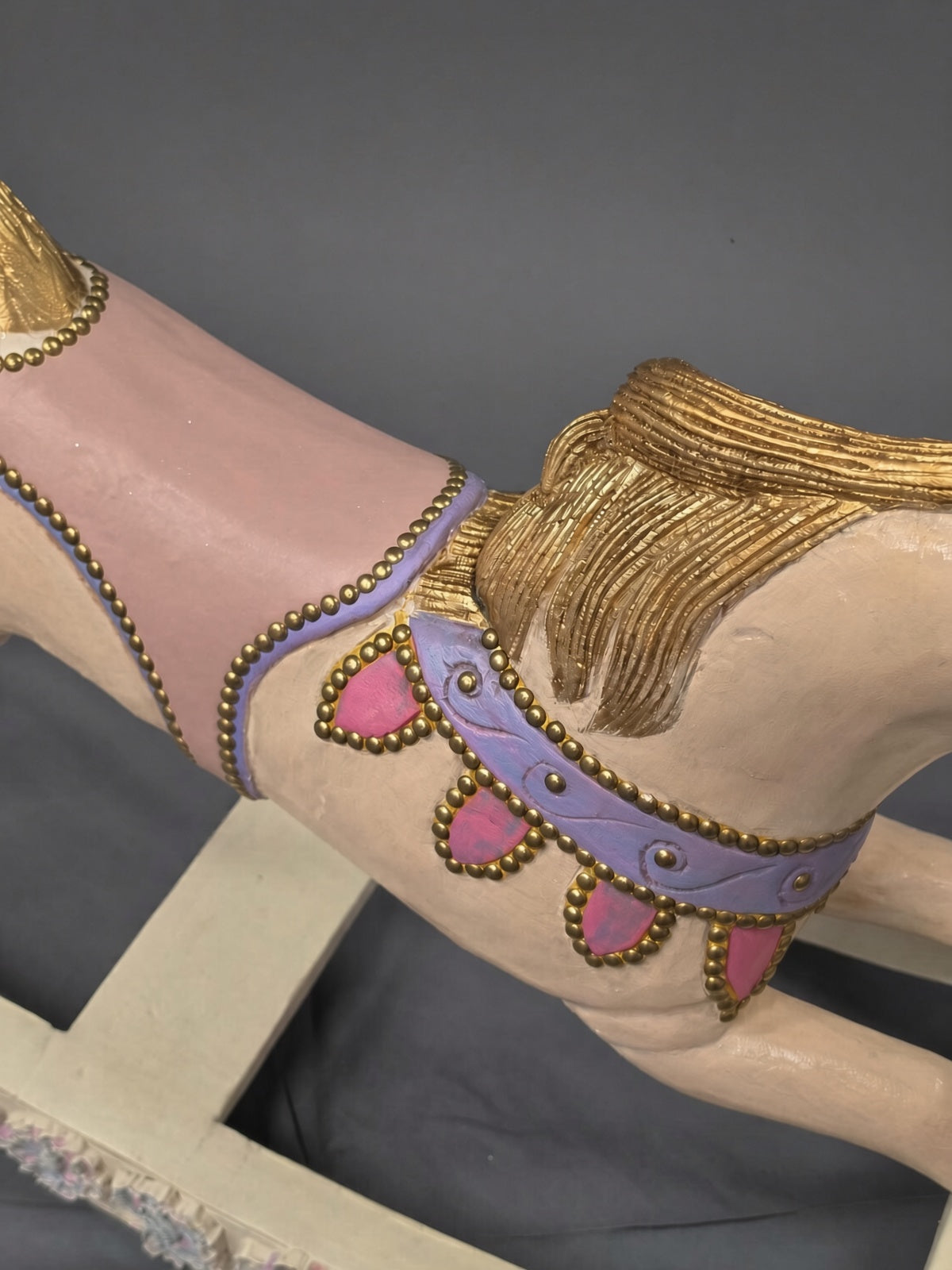 Hand-painted antique rocking horse in cream, pink and gold, Kiyan Studio