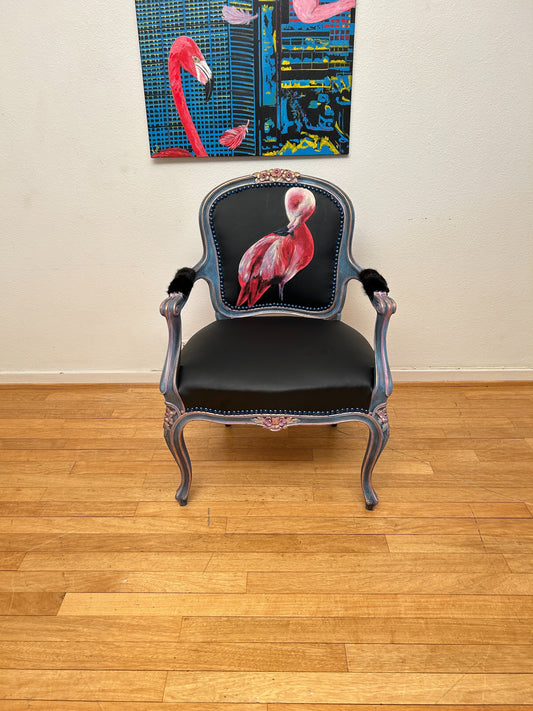 Antique Armchair | Re-Designed| Flamingo Set | Black Leather | Mink Armrests | Handmade | KiyanStudio