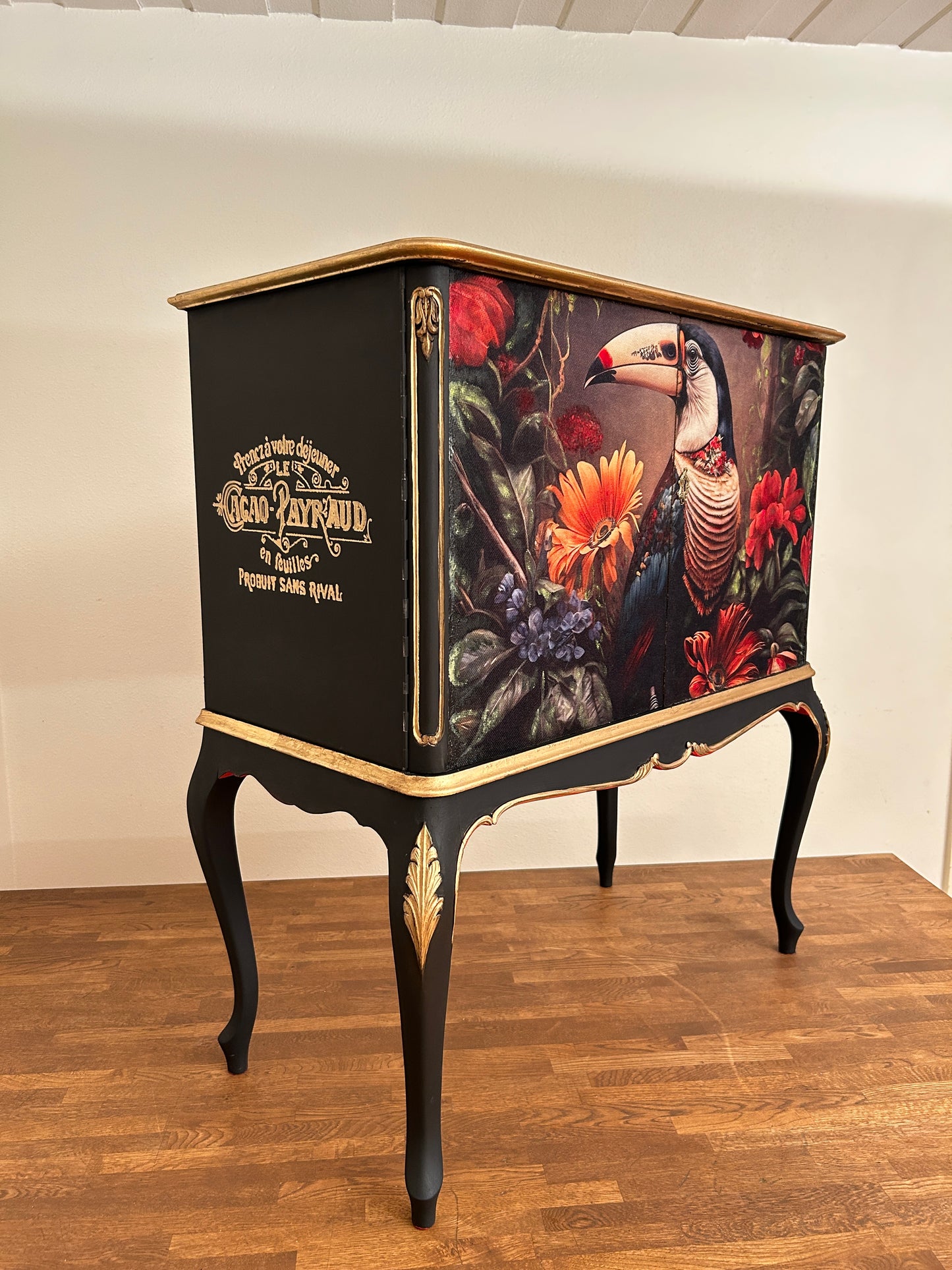 Handmade Toucan Tropical Cabinet | Decoupage Linen-Cotton, Black & Gold Baroque Accent
