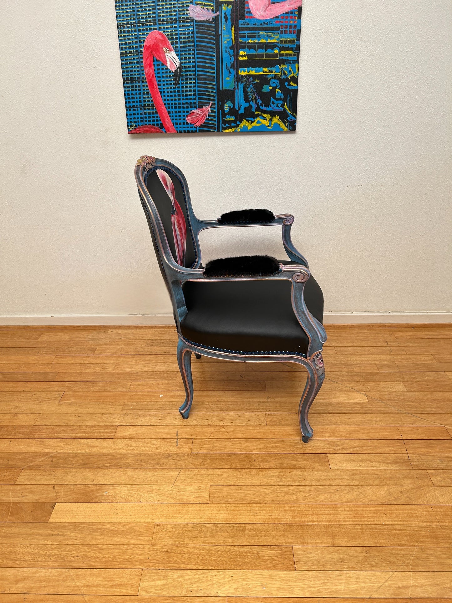 Antique Armchair | Re-Designed| Flamingo Set | Black Leather | Mink Armrests | Handmade | KiyanStudio