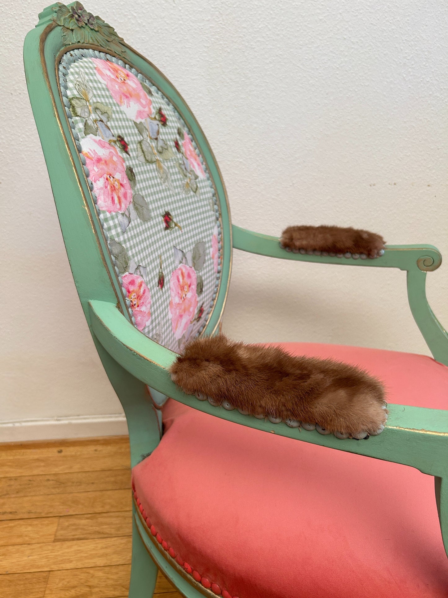 Antique armchair | Re-Designed | Pink Velvet | Turquoise Paint | Handmade | Cotton Fabric Print