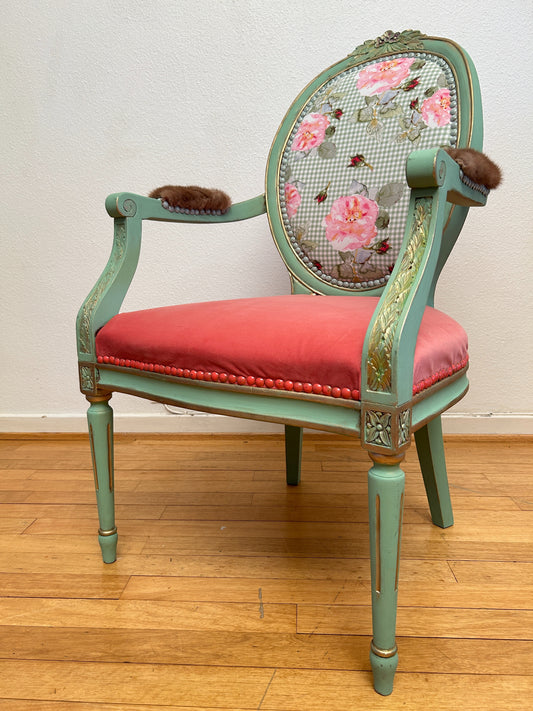Antique armchair | Re-Designed | Pink Velvet | Turquoise Paint | Handmade | Cotton Fabric Print